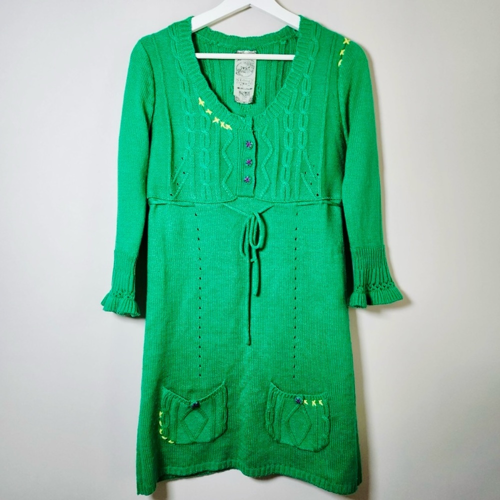 PINK MARTINI Sweater Dress Womens M Kelly Green Crochet Embroidery Cottage Cabin